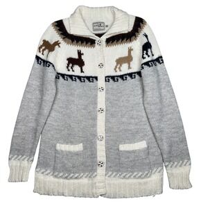 Alpaca Cardigan Sweater Llama Print Womens XL Peru Hand Knit Gray Boho Soft Cozy